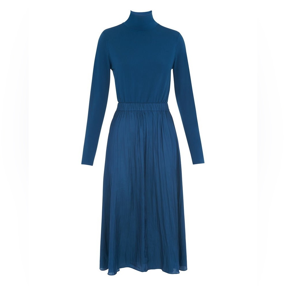 WHISTLES Tami Mix Turtleneck Fitted Satin Modest Knee-Length Midi A-Line Dress